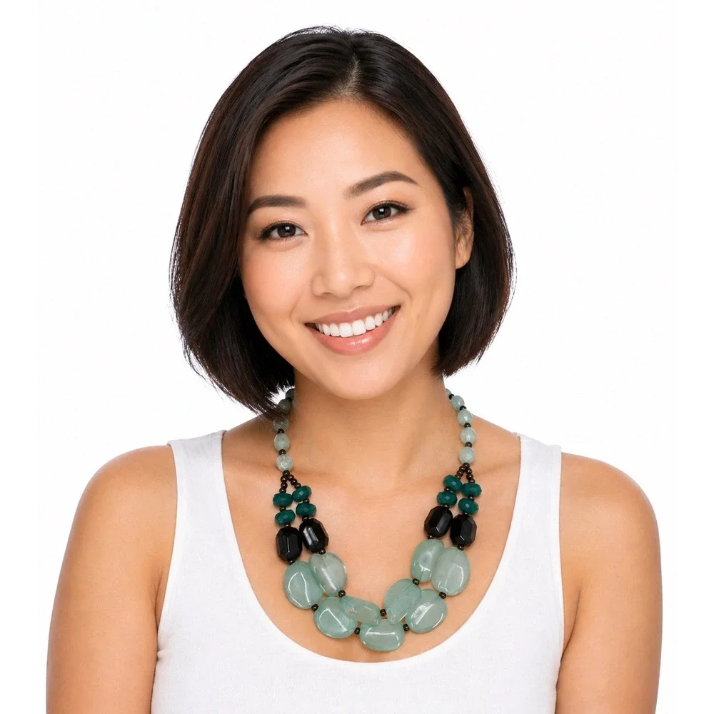 Chunky Beaded Necklace Seafoam Green Teal Black Multi Strand Toggle Chic 103-167